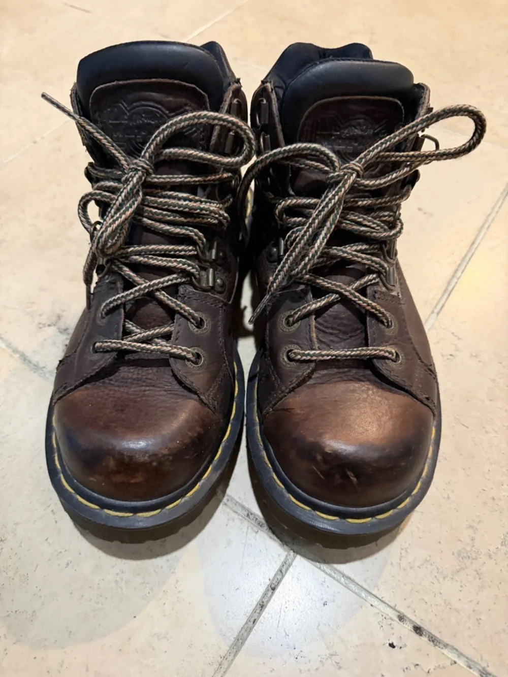 Vintage Y2K Dr. Martens 9728 Chunky Brown Leather Lace-Up Boots with Yellow
